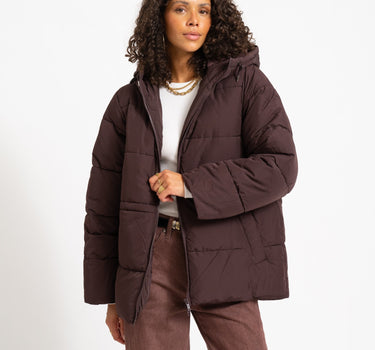 Rosy Waisted Puffer Jacket Chocolate Plum - Things I Like Things I Love