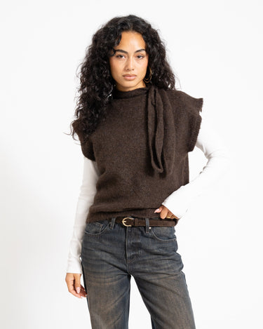 Topshop Cassi Knitted Tie Neck Top Knit Chocolate Brown - Things I Like Things I Love
