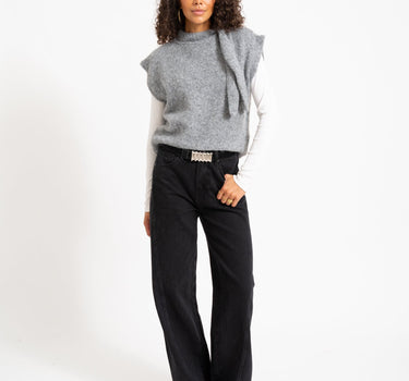 Topshop Cassi Knitted Tie Neck Top Knit Grey - Things I Like Things I Love