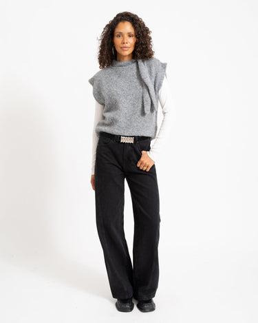 Topshop Cassi Knitted Tie Neck Top Knit Grey - Things I Like Things I Love