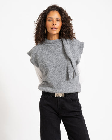 Topshop Cassi Knitted Tie Neck Top Knit Grey - Things I Like Things I Love